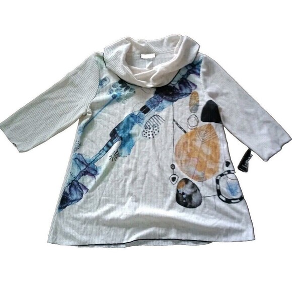 YUSHI Tunic Top Size Large Speckled Textured Thermal Cowl Neck Abstract Art - Picture 1 of 11